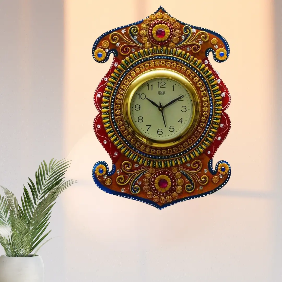 handcrafted wooden wall clocks kundan studded wall clock